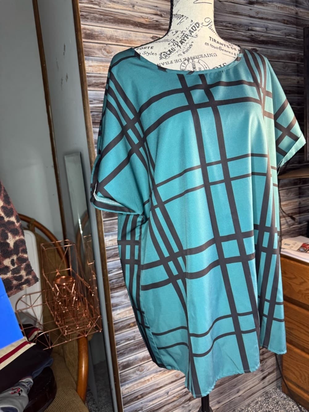 ★ Teal Geometric Plaid Tunic Top Rolled Sleeve Relaxed Fit Blouse - Thumbnail 8
