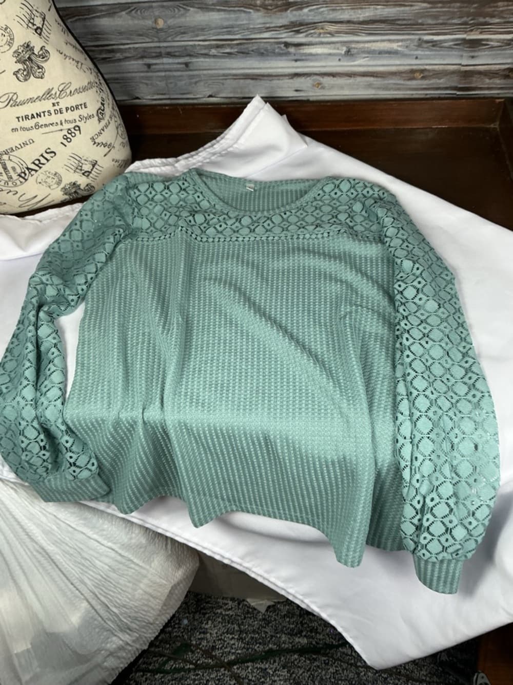 ⭐ Teal Waffle Knit Top Lace Sleeves Boho Casual Oversized Large