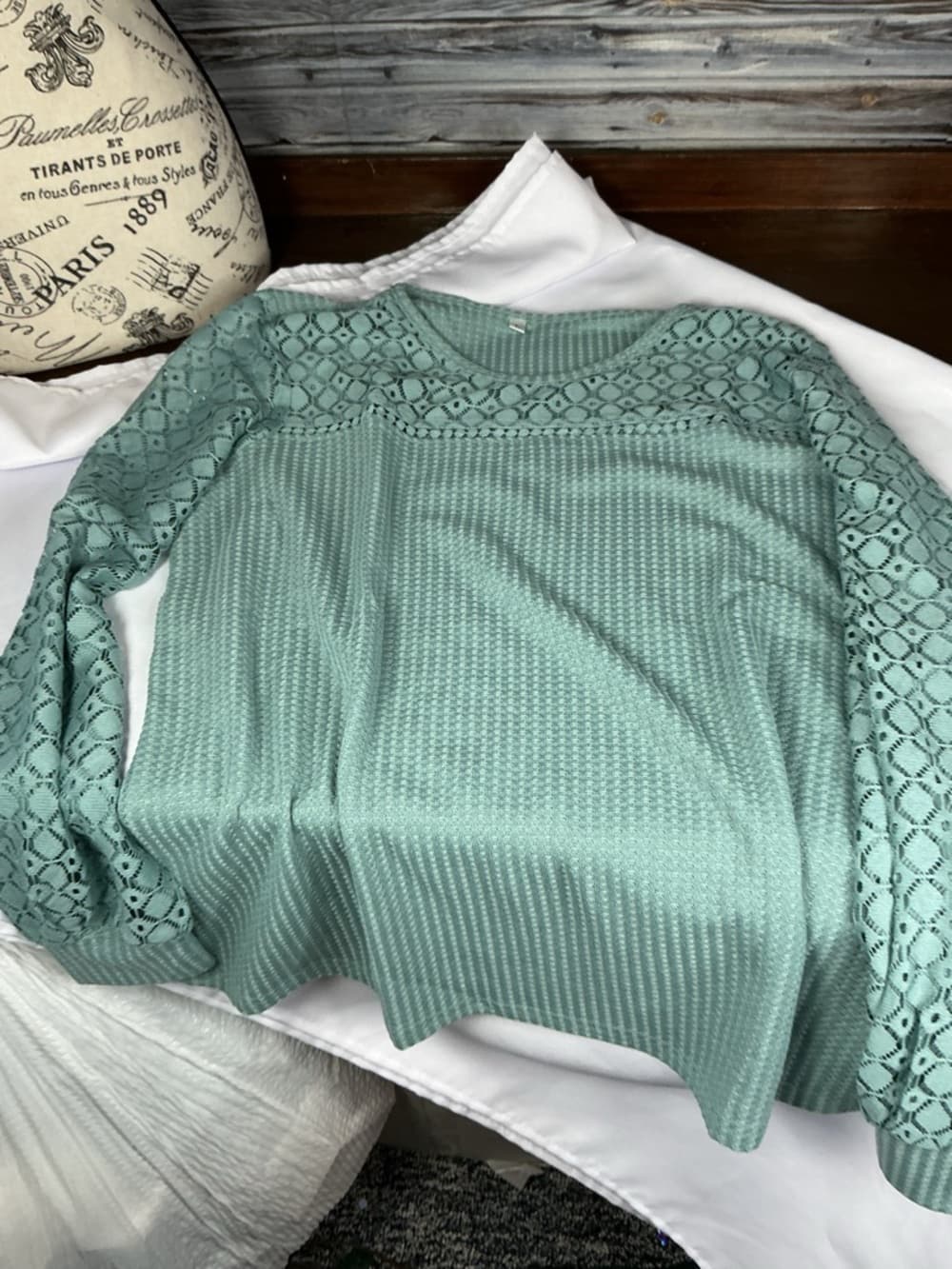 ⭐ Teal Waffle Knit Top Lace Sleeves Boho Casual Oversized Large - Thumbnail 5
