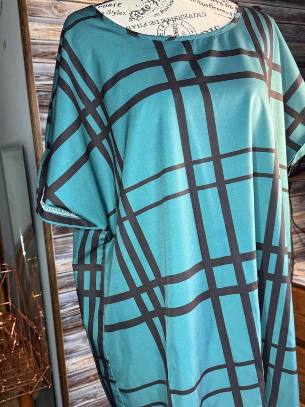 ★ Teal Geometric Plaid Tunic Top Rolled Sleeve Relaxed Fit Blouse - Thumbnail 12