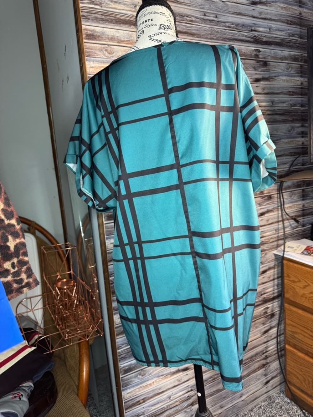 ★ Teal Geometric Plaid Tunic Top Rolled Sleeve Relaxed Fit Blouse - Thumbnail 7