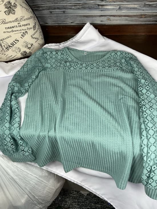 ⭐ Teal Waffle Knit Top Lace Sleeves Boho Casual Oversized Large - Thumbnail 6