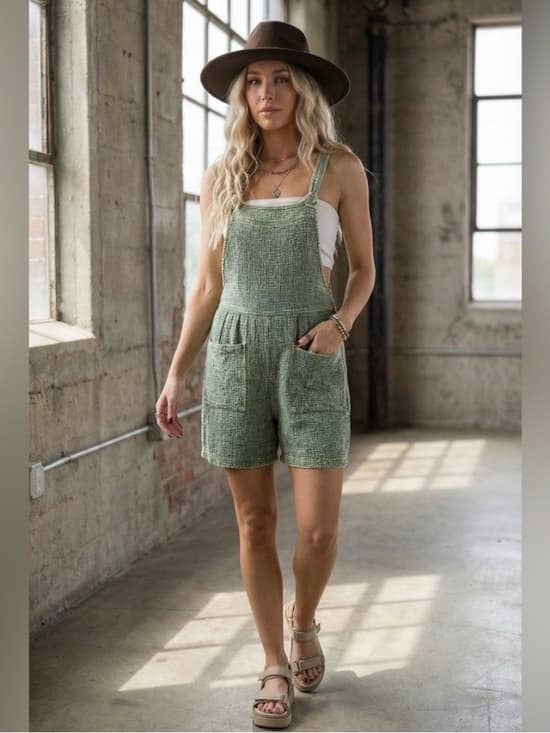 ★ Sage Green Textured Shortall Romper Pocket Overalls Boho Summer Chic - Thumbnail 8