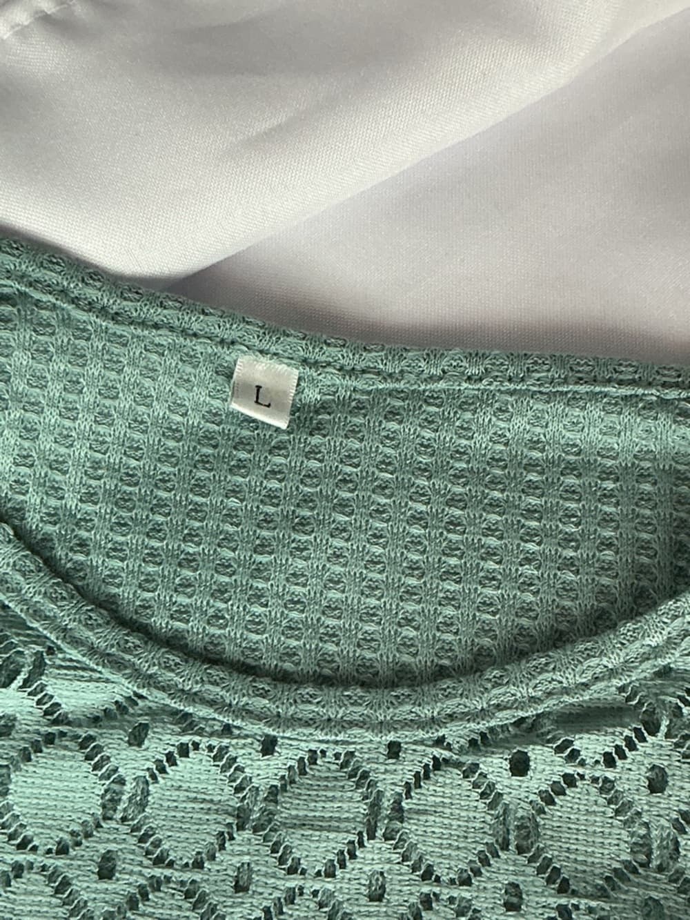 ⭐ Teal Waffle Knit Top Lace Sleeves Boho Casual Oversized Large - Thumbnail 4