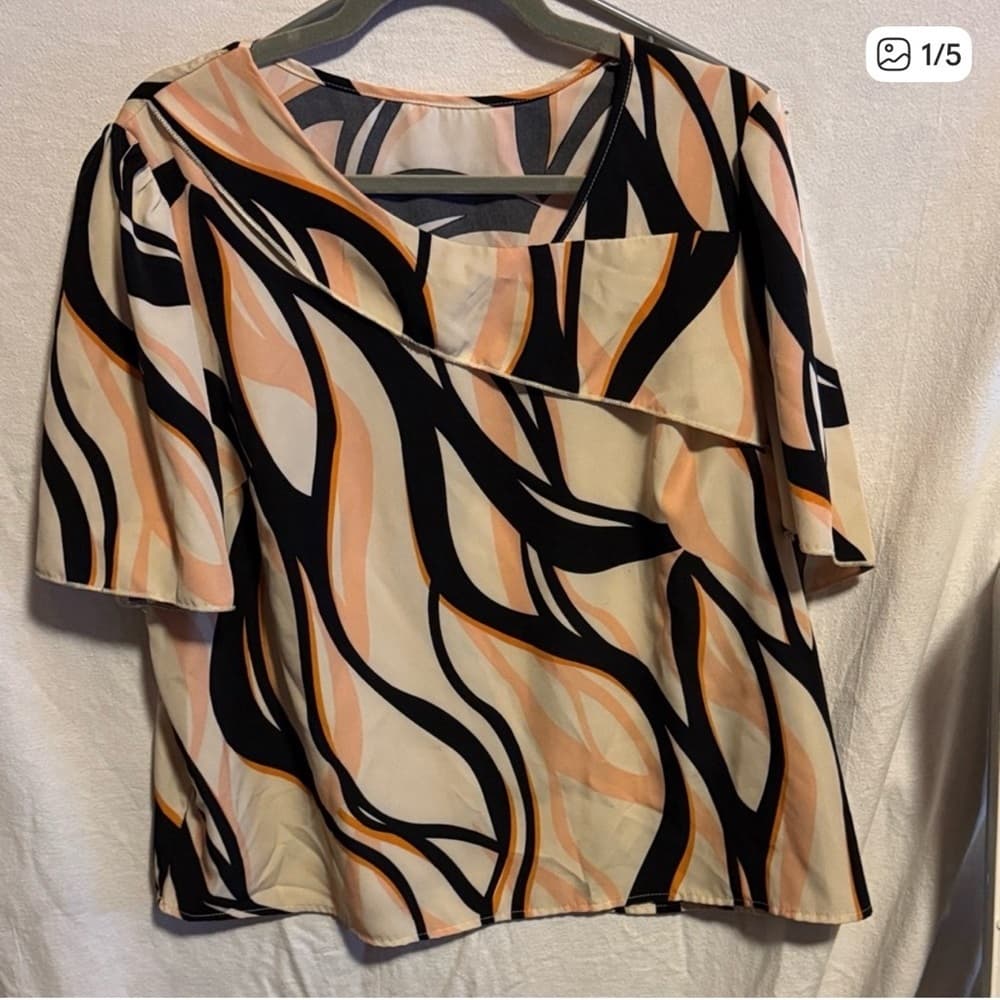 ⭐ Abstract Print Blouse 2XL Neutral Black Tan Short Sleeve Top - Thumbnail 5