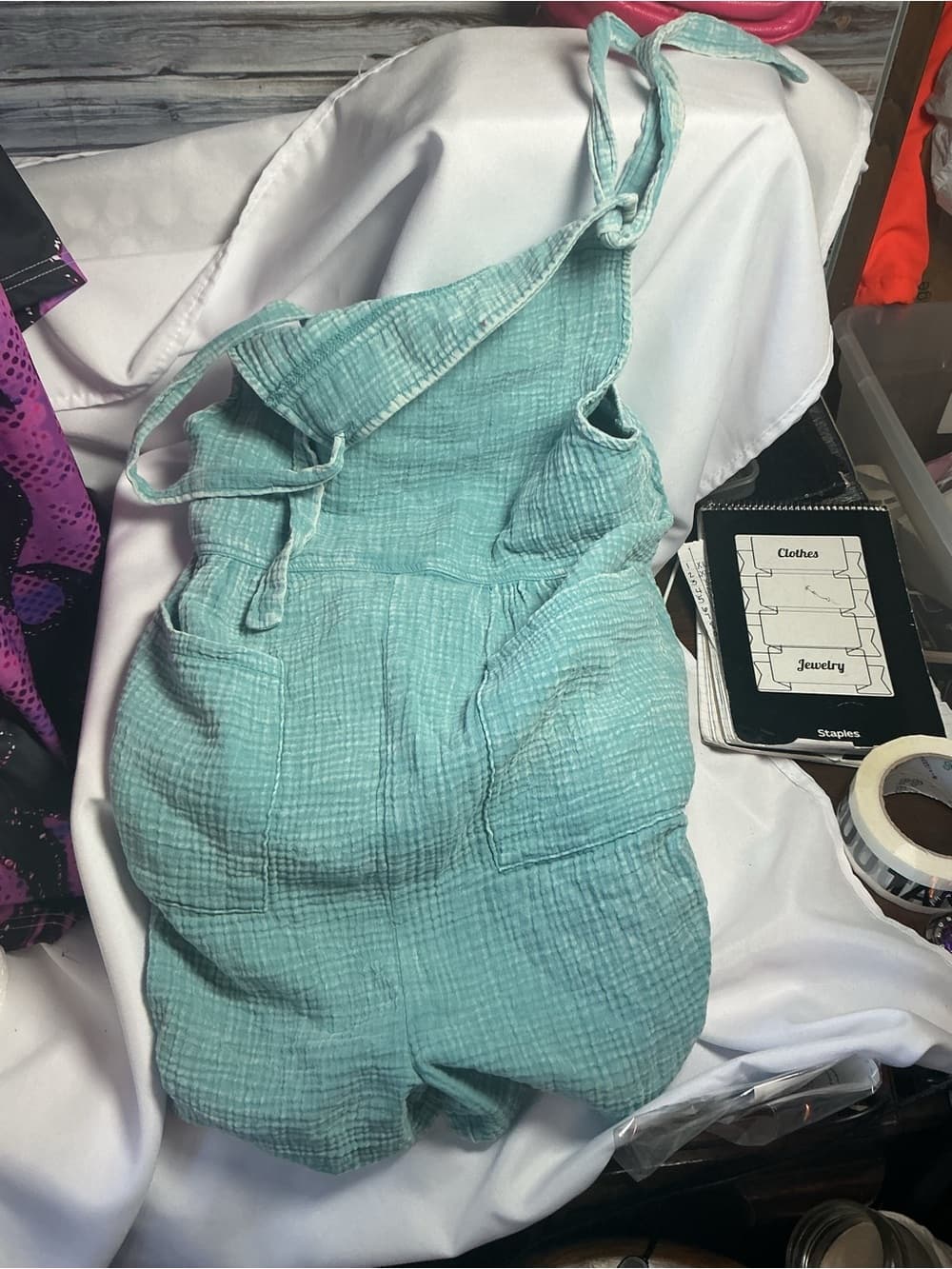 ★ Sage Green Textured Shortall Romper Pocket Overalls Boho Summer Chic - Thumbnail 5