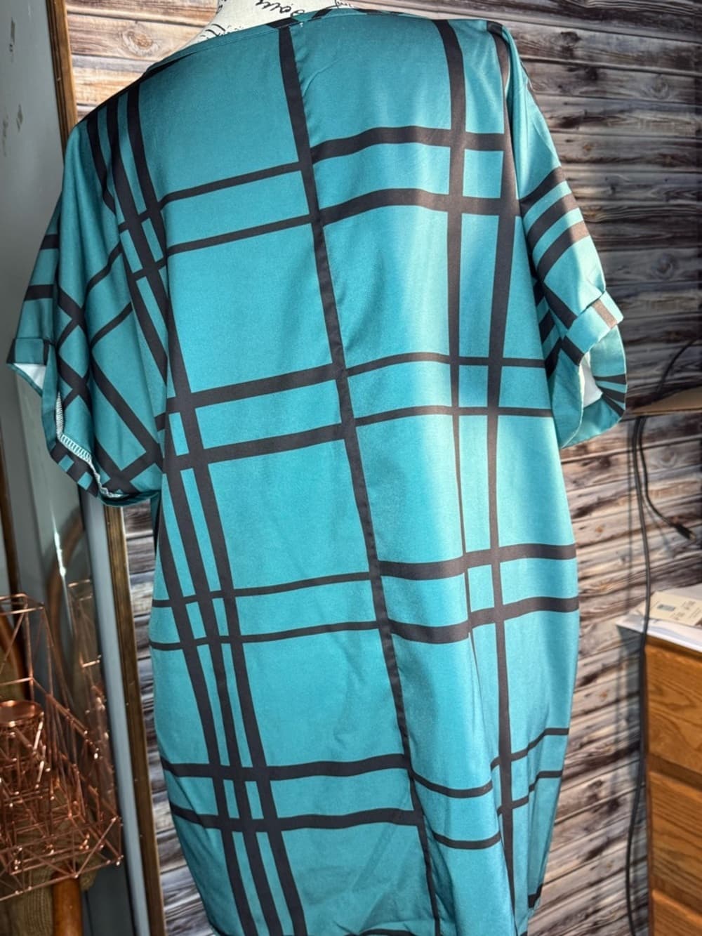 ★ Teal Geometric Plaid Tunic Top Rolled Sleeve Relaxed Fit Blouse
