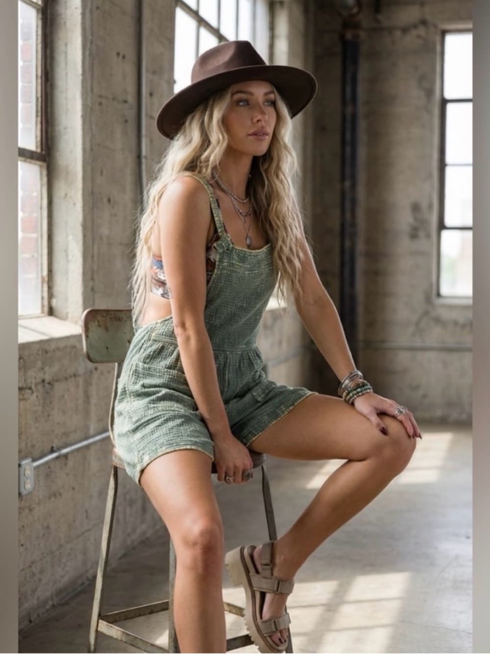 ★ Sage Green Textured Shortall Romper Pocket Overalls Boho Summer Chic - Thumbnail 2