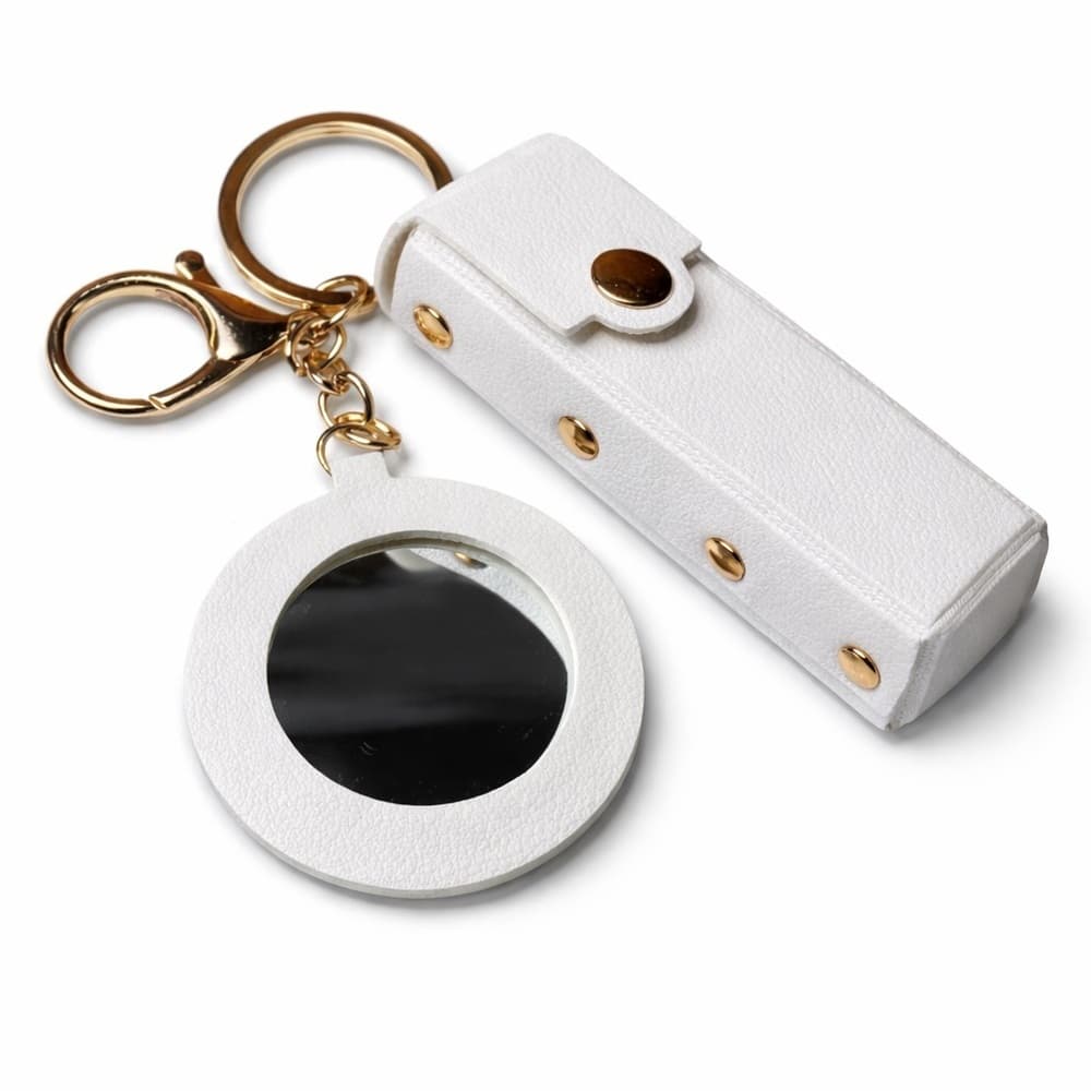 White Lipstick Holder Keychain Mirror Case Travel Makeup Organizer