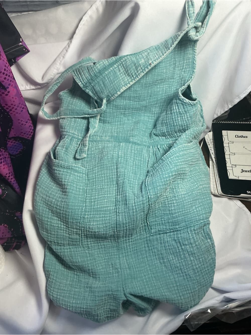 ★ Sage Green Textured Shortall Romper Pocket Overalls Boho Summer Chic - Thumbnail 6