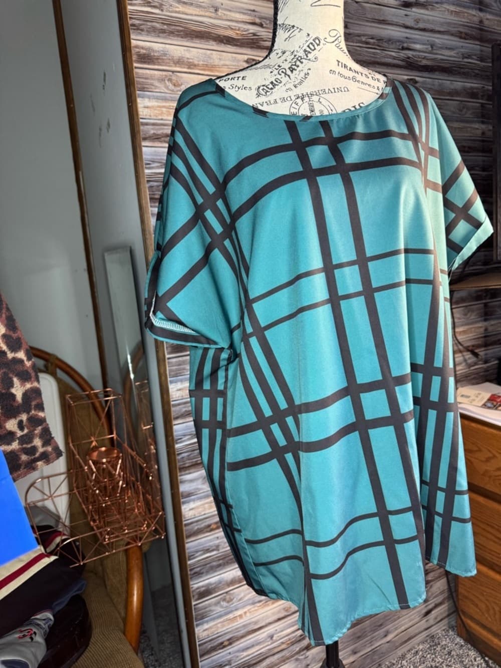 ★ Teal Geometric Plaid Tunic Top Rolled Sleeve Relaxed Fit Blouse - Thumbnail 9