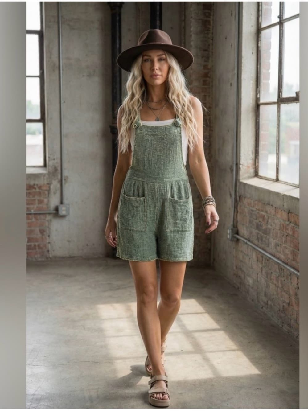 ★ Sage Green Textured Shortall Romper Pocket Overalls Boho Summer Chic