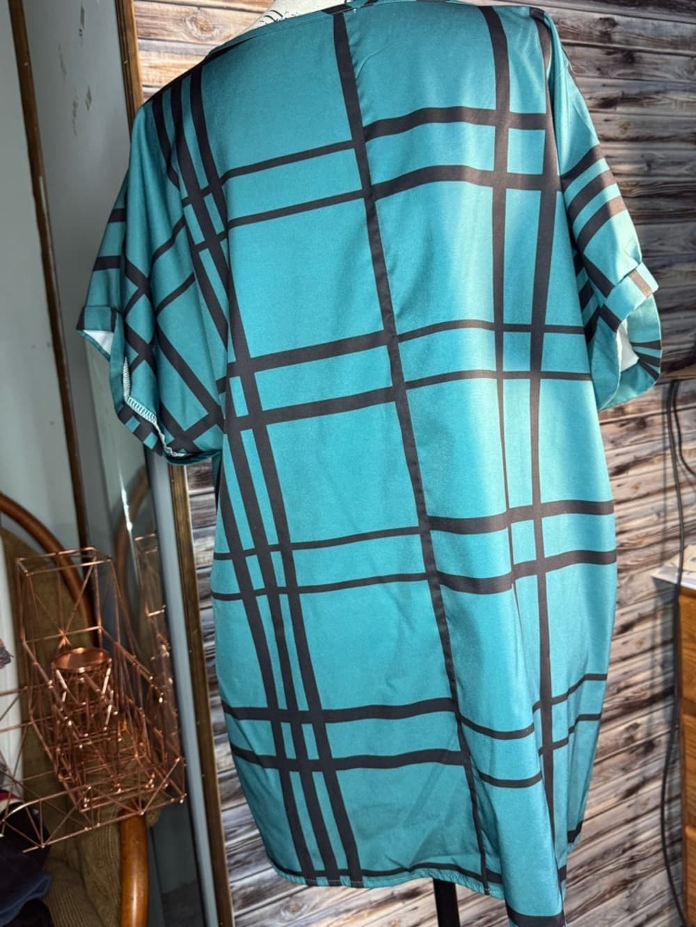 ★ Teal Geometric Plaid Tunic Top Rolled Sleeve Relaxed Fit Blouse - Thumbnail 6