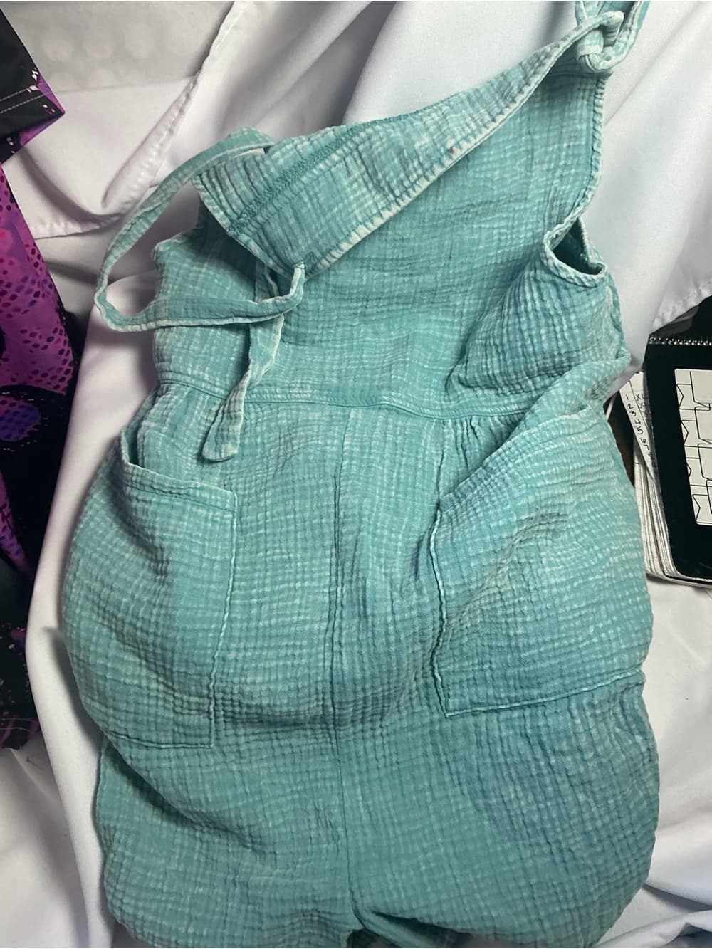 ★ Sage Green Textured Shortall Romper Pocket Overalls Boho Summer Chic - Thumbnail 4