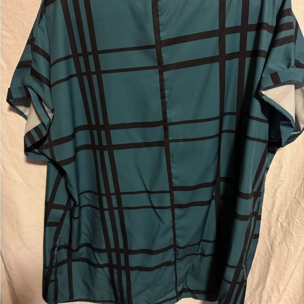 ★ Teal Geometric Plaid Tunic Top Rolled Sleeve Relaxed Fit Blouse - Thumbnail 5