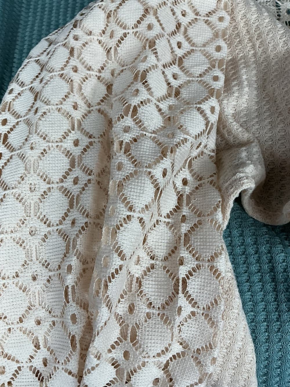 ⭐ Teal Waffle Knit Top Lace Sleeves Boho Casual Oversized Large - Thumbnail 2
