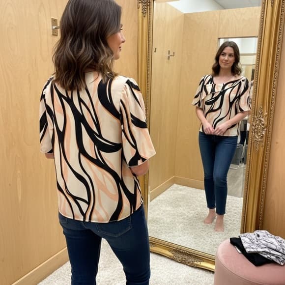 ⭐ Abstract Print Blouse 2XL Neutral Black Tan Short Sleeve Top - Thumbnail 7
