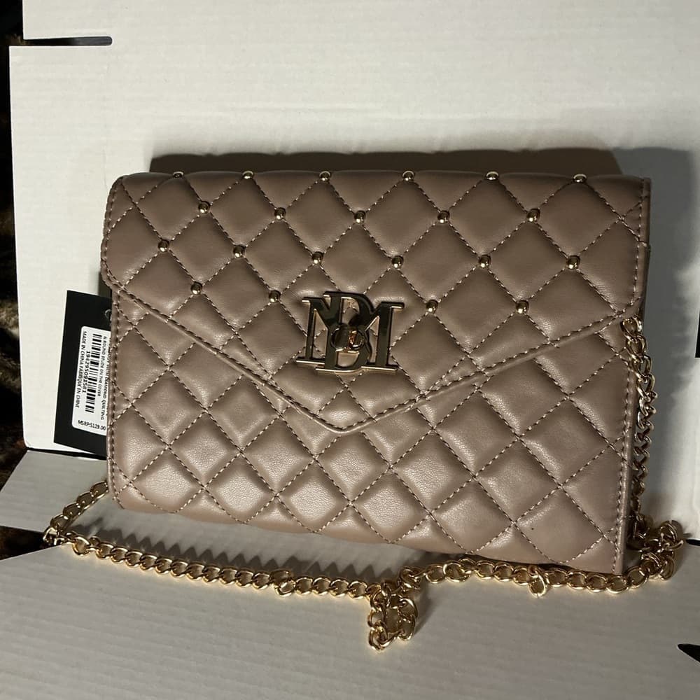 Badgley Mischka Quilted Taupe Crossbody Bag Gold Chain NWT Vegan Leather - Thumbnail 3