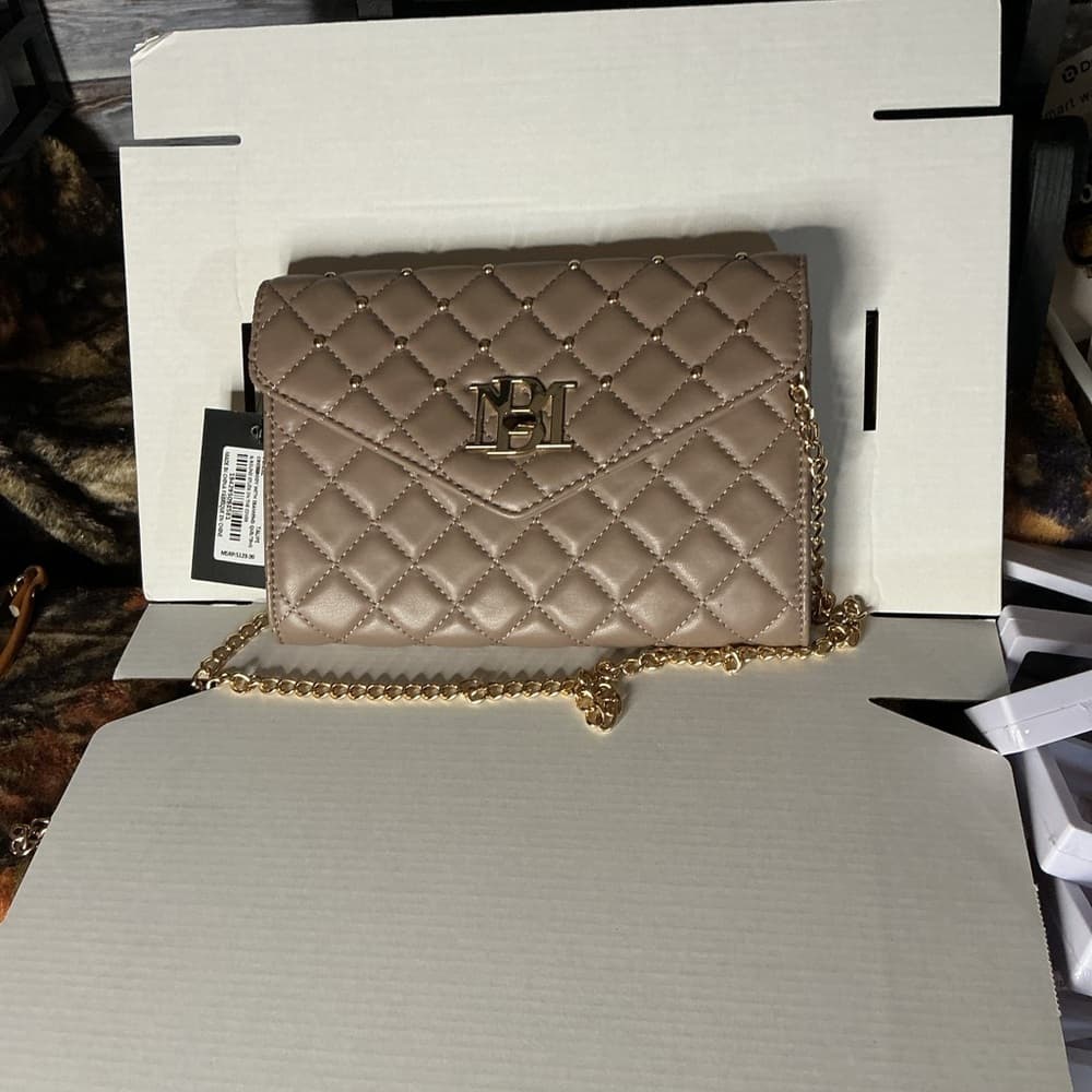 Badgley Mischka Quilted Taupe Crossbody Bag Gold Chain NWT Vegan Leather - Thumbnail 12
