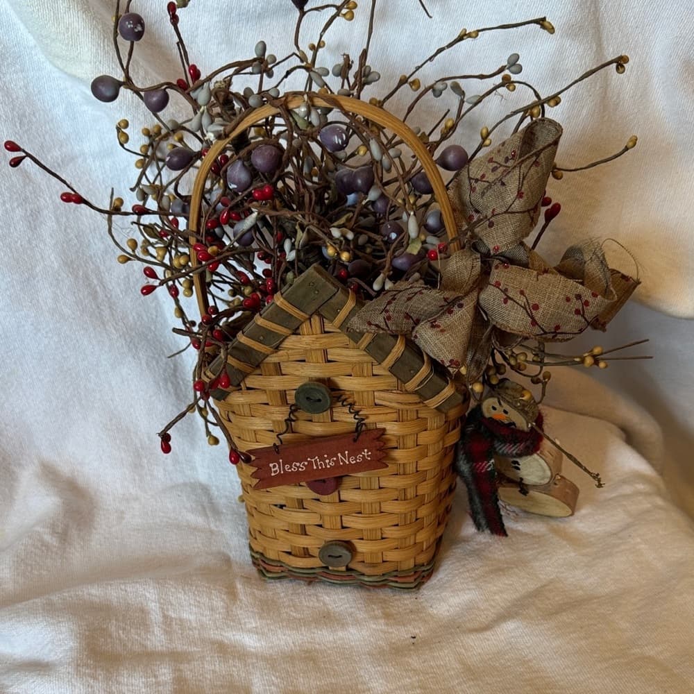 ★ Primitive Bless This Nest Basket Floral Berry Arrangement Home Decor - Thumbnail 8