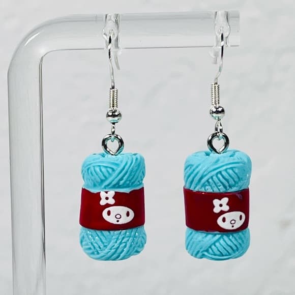 Cute Yarn Ball Earrings Blue Knit Crochet Lover Dangle Kawaii - Thumbnail 9