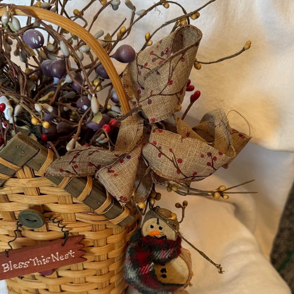 ★ Primitive Bless This Nest Basket Floral Berry Arrangement Home Decor - Thumbnail 7