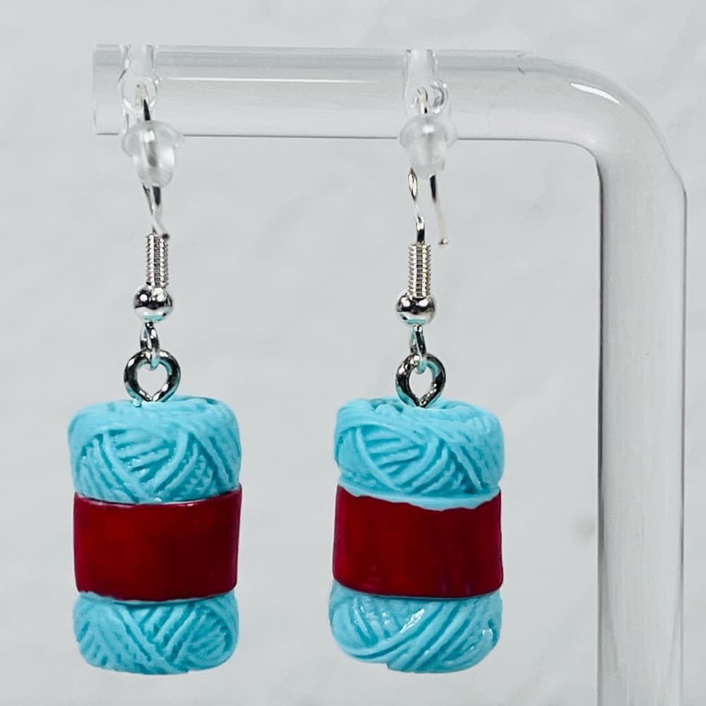 Cute Yarn Ball Earrings Blue Knit Crochet Lover Dangle Kawaii - Thumbnail 3