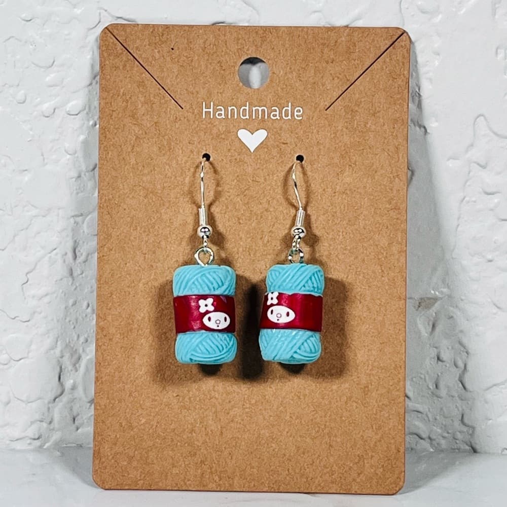 Cute Yarn Ball Earrings Blue Knit Crochet Lover Dangle Kawaii - Thumbnail 6