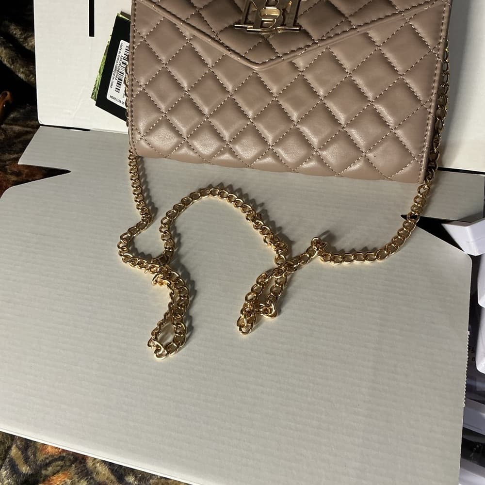 Badgley Mischka Quilted Taupe Crossbody Bag Gold Chain NWT Vegan Leather - Thumbnail 5