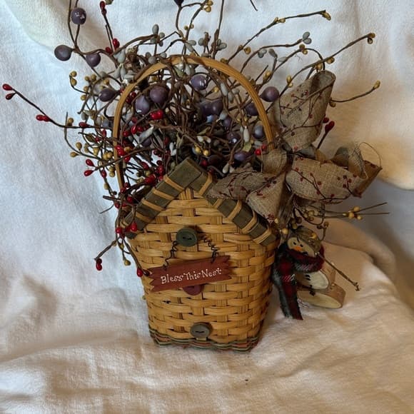 ★ Primitive Bless This Nest Basket Floral Berry Arrangement Home Decor - Thumbnail 9