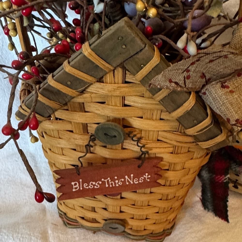 ★ Primitive Bless This Nest Basket Floral Berry Arrangement Home Decor - Thumbnail 3