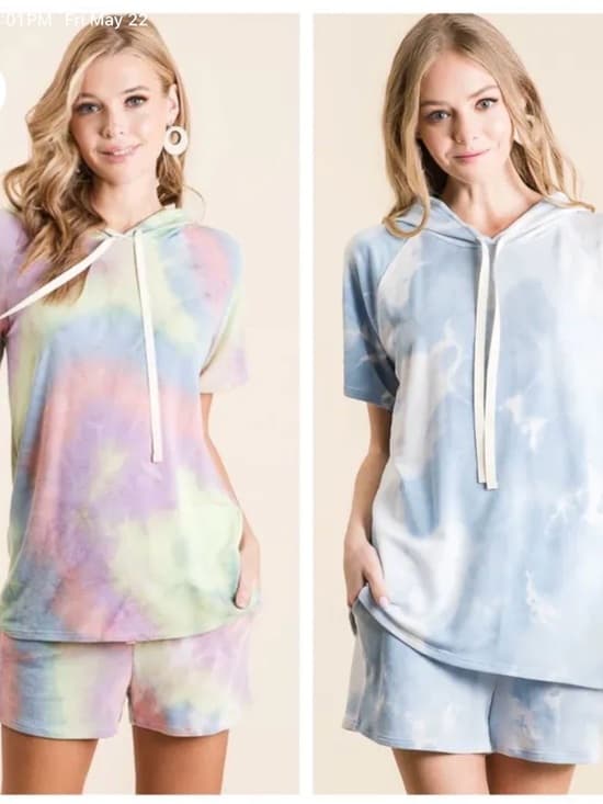 ⭐ BiBi Blue Cream Tie Dye Hoodie Lounge Set Shorts Matching Outfit - Thumbnail 8