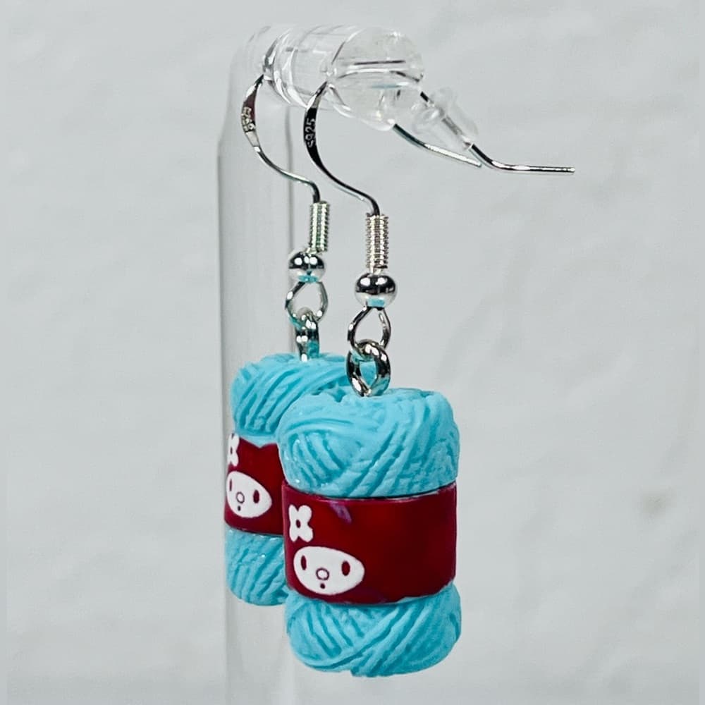 Cute Yarn Ball Earrings Blue Knit Crochet Lover Dangle Kawaii - Thumbnail 2