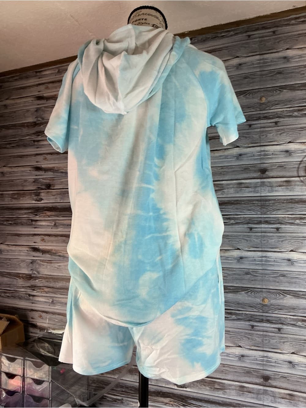 ⭐ BiBi Blue Cream Tie Dye Hoodie Lounge Set Shorts Matching Outfit - Thumbnail 2