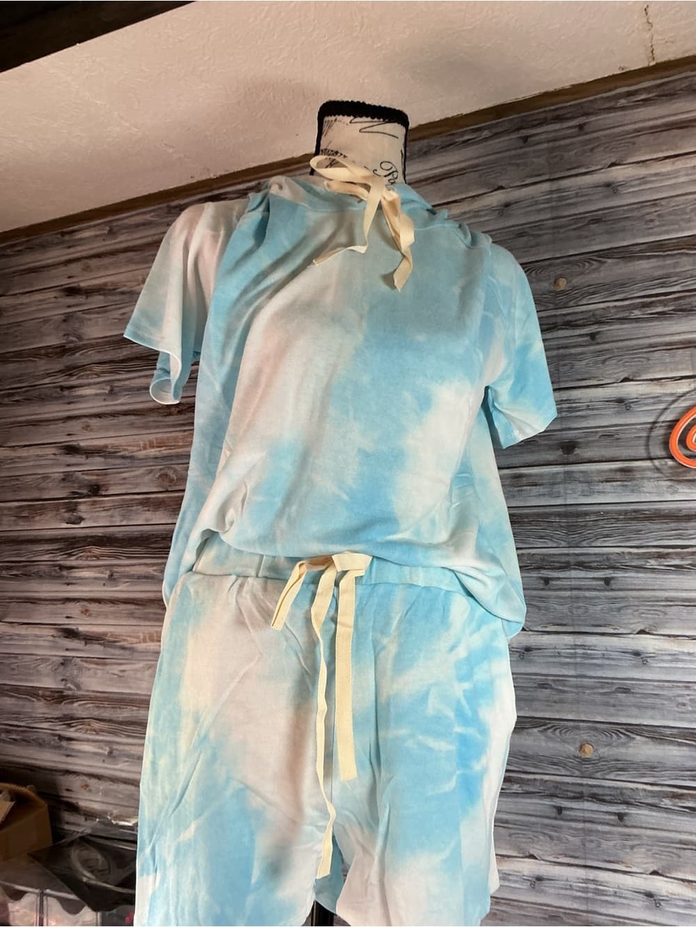 ⭐ BiBi Blue Cream Tie Dye Hoodie Lounge Set Shorts Matching Outfit