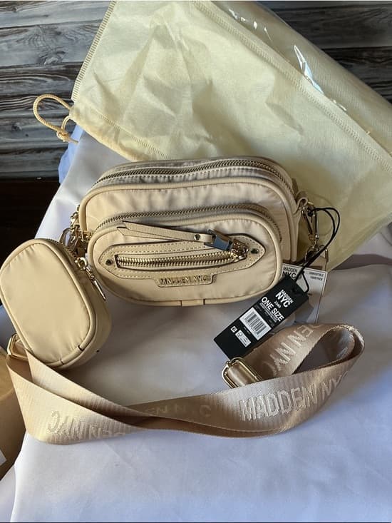 ⭐ Madden NYC Convertible Belt Bag Crossbody Beige Nylon Multi Pocket NWT - Thumbnail 7