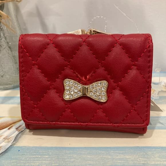 ⭐ Red Quilted Bow Wallet Rhinestone Accent Compact Card Holder - Thumbnail 7