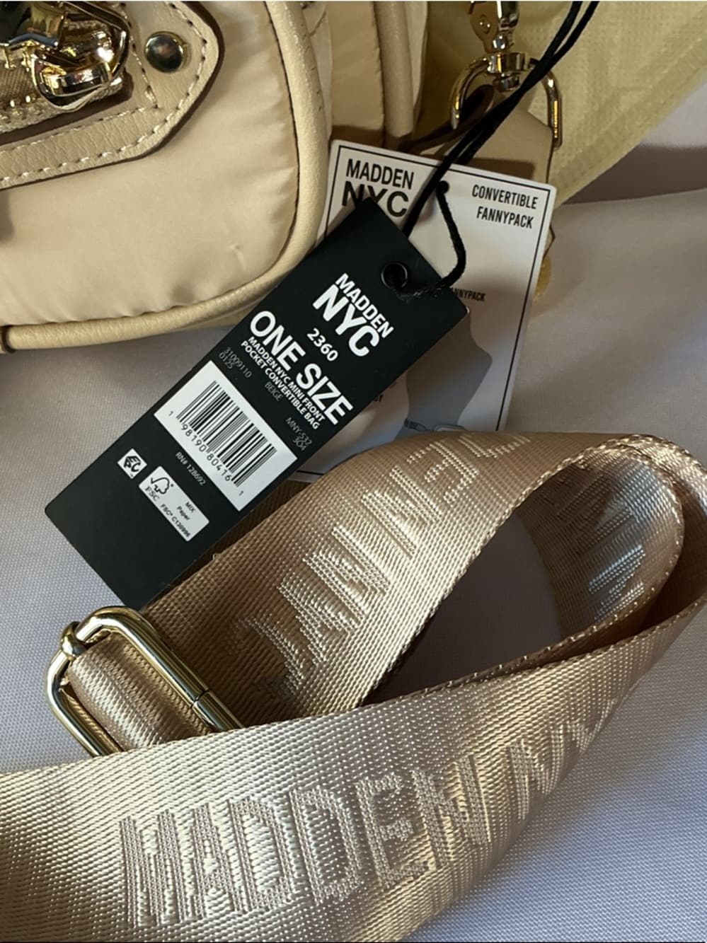 ⭐ Madden NYC Convertible Belt Bag Crossbody Beige Nylon Multi Pocket NWT - Thumbnail 2