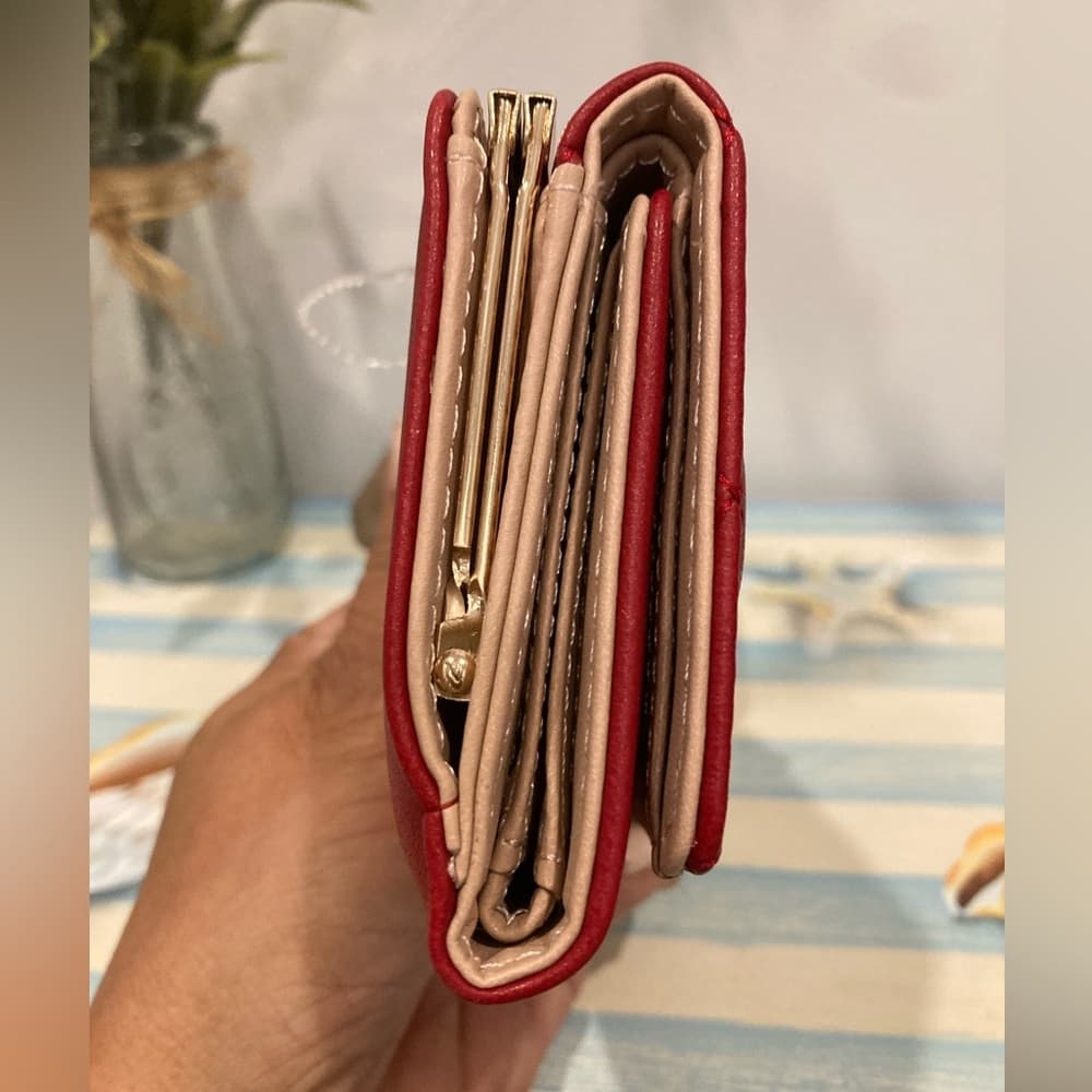 ⭐ Red Quilted Bow Wallet Rhinestone Accent Compact Card Holder - Thumbnail 2