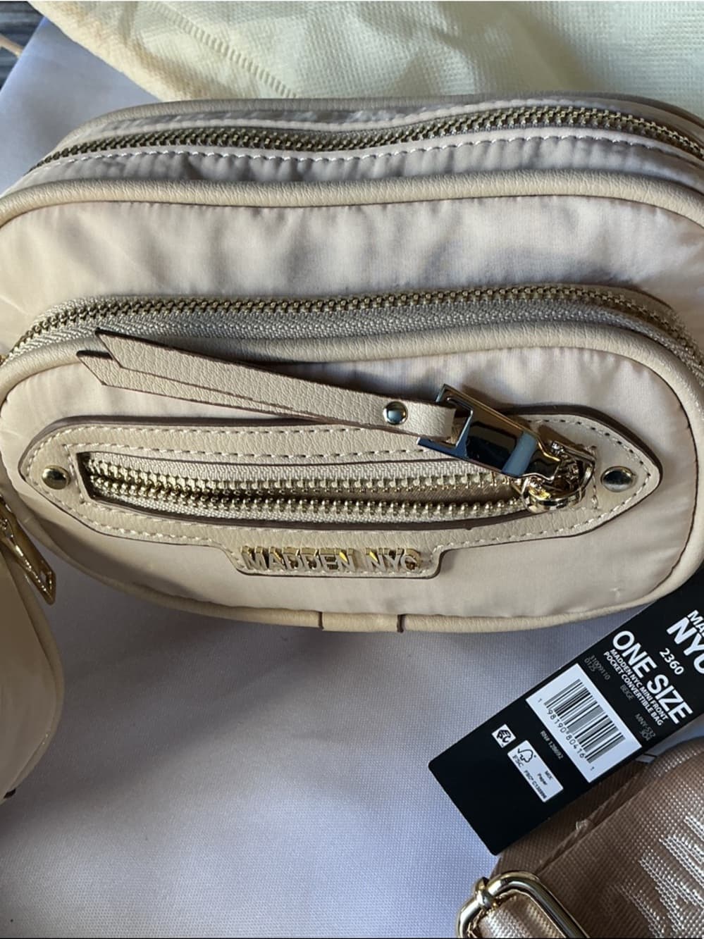 ⭐ Madden NYC Convertible Belt Bag Crossbody Beige Nylon Multi Pocket NWT