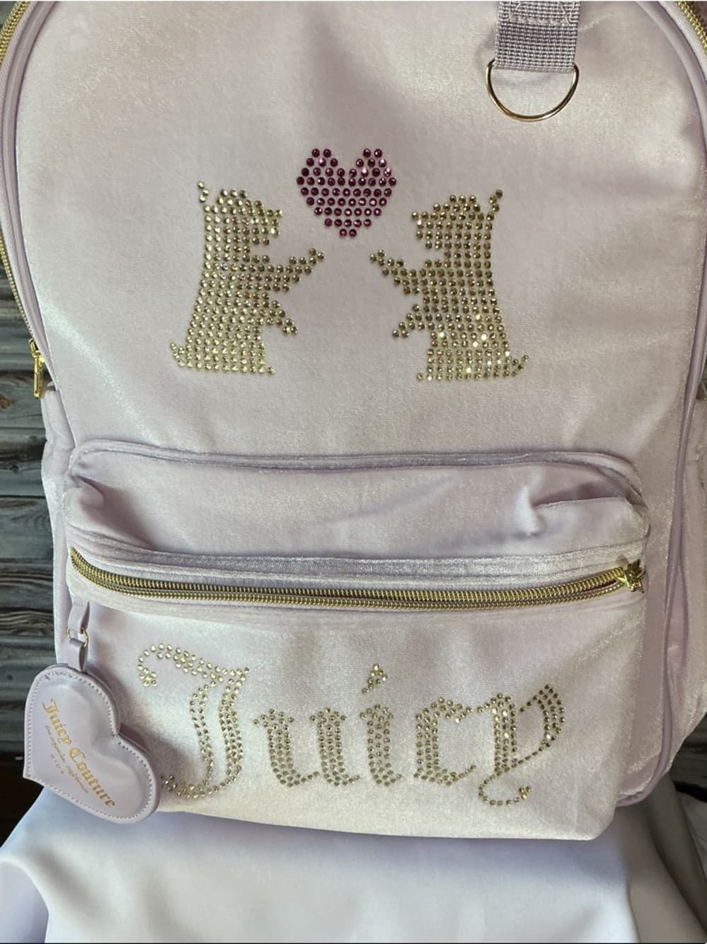 ⭐ Juicy Couture Y2K Pink Velour Backpack Rhinestone Logo Heart Coin Purse - Thumbnail 3
