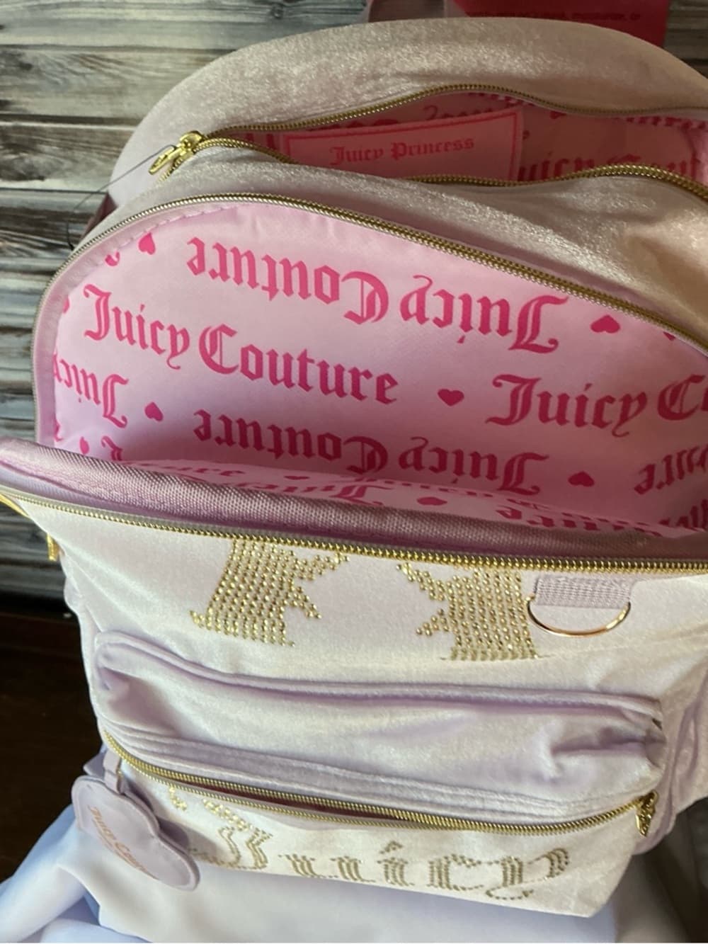⭐ Juicy Couture Y2K Pink Velour Backpack Rhinestone Logo Heart Coin Purse - Thumbnail 9