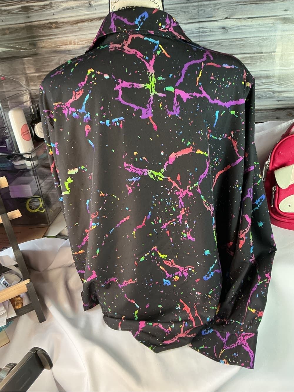 ★ Retro Neon Splatter Button Front Blouse Colorful 80s Vibe Top