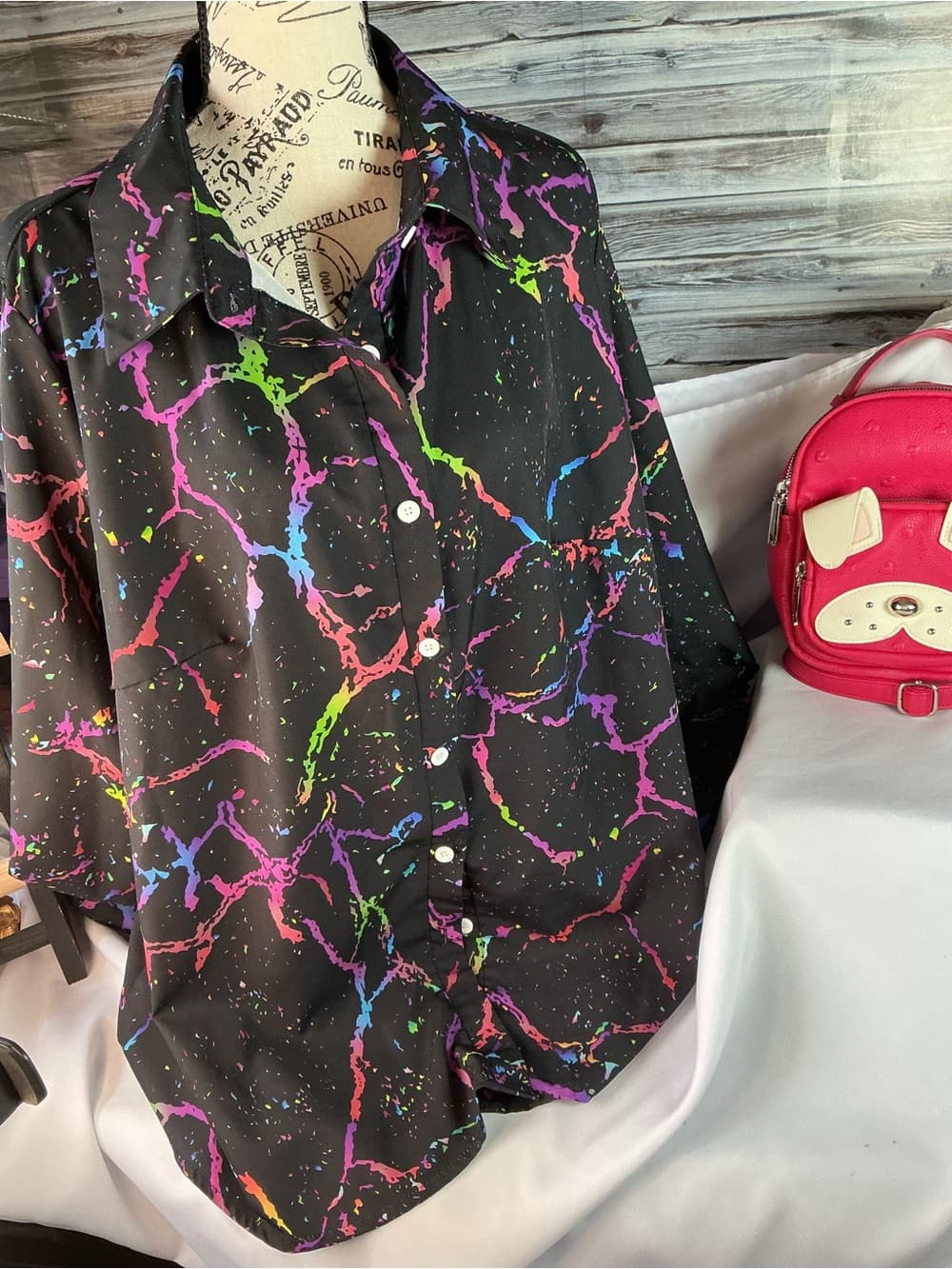 ★ Retro Neon Splatter Button Front Blouse Colorful 80s Vibe Top - Thumbnail 4
