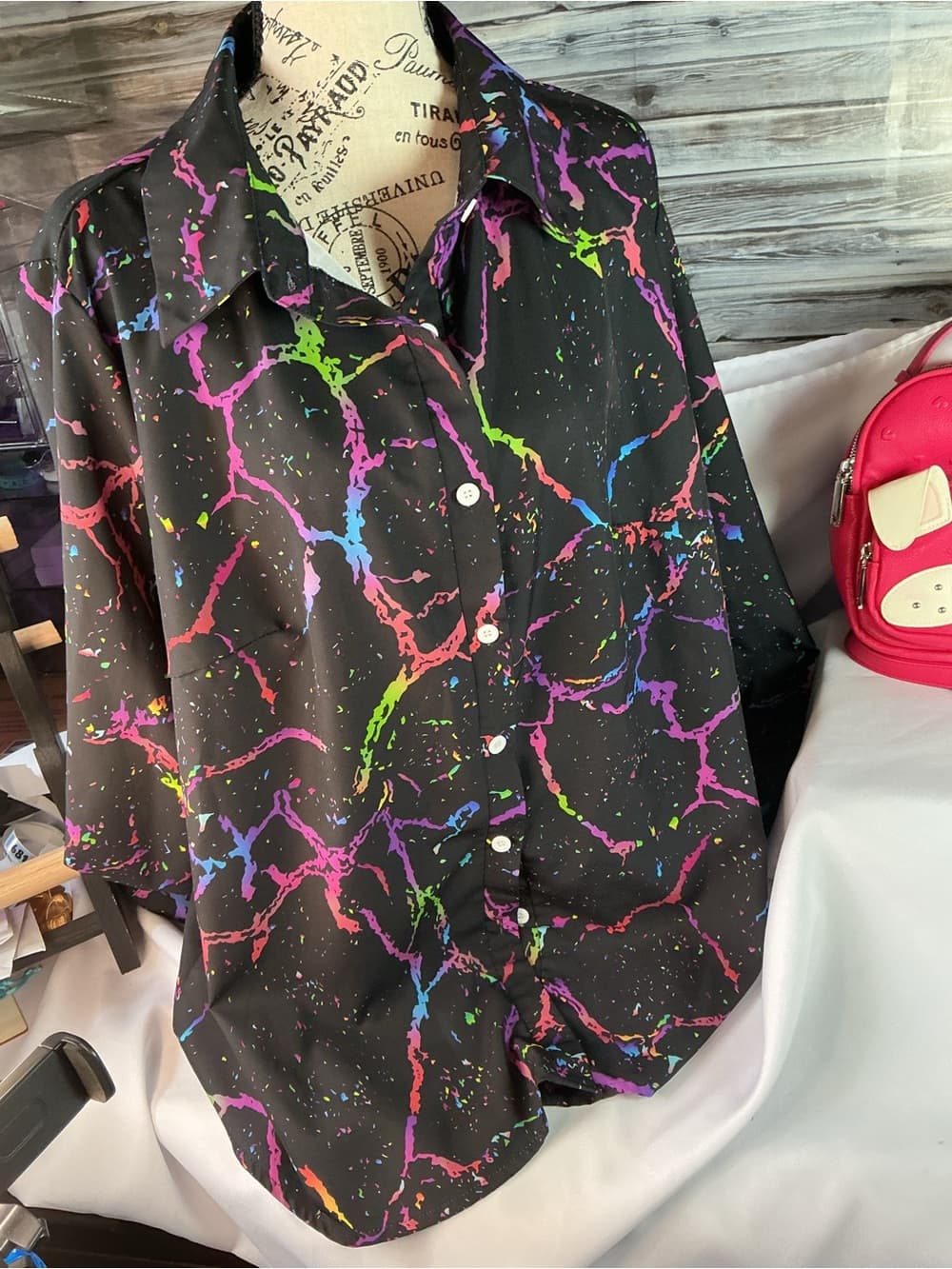 ★ Retro Neon Splatter Button Front Blouse Colorful 80s Vibe Top - Thumbnail 2