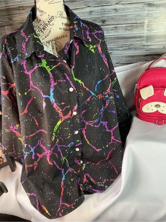 ★ Retro Neon Splatter Button Front Blouse Colorful 80s Vibe Top - Thumbnail 5