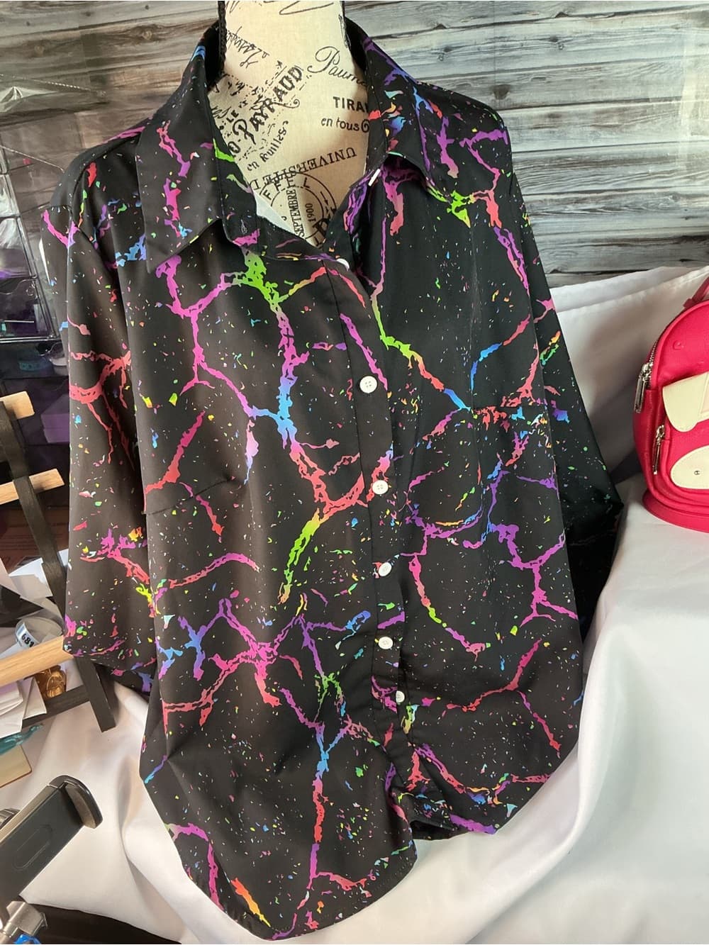 ★ Retro Neon Splatter Button Front Blouse Colorful 80s Vibe Top - Thumbnail 3