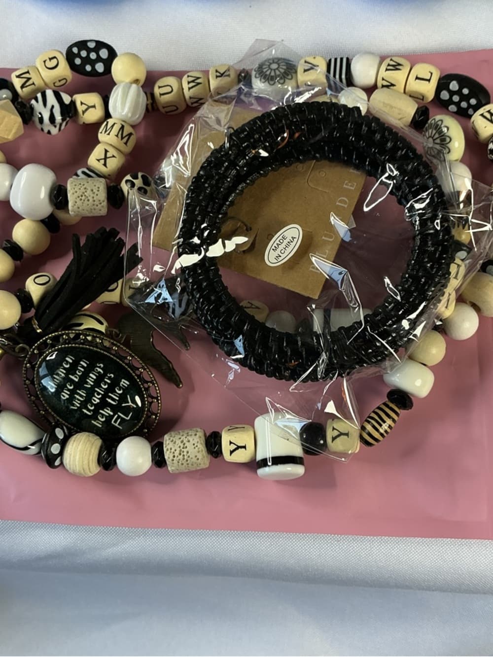 Beaded Multi-Strand Necklace with Black Coil Bracelet - Black & Ivory