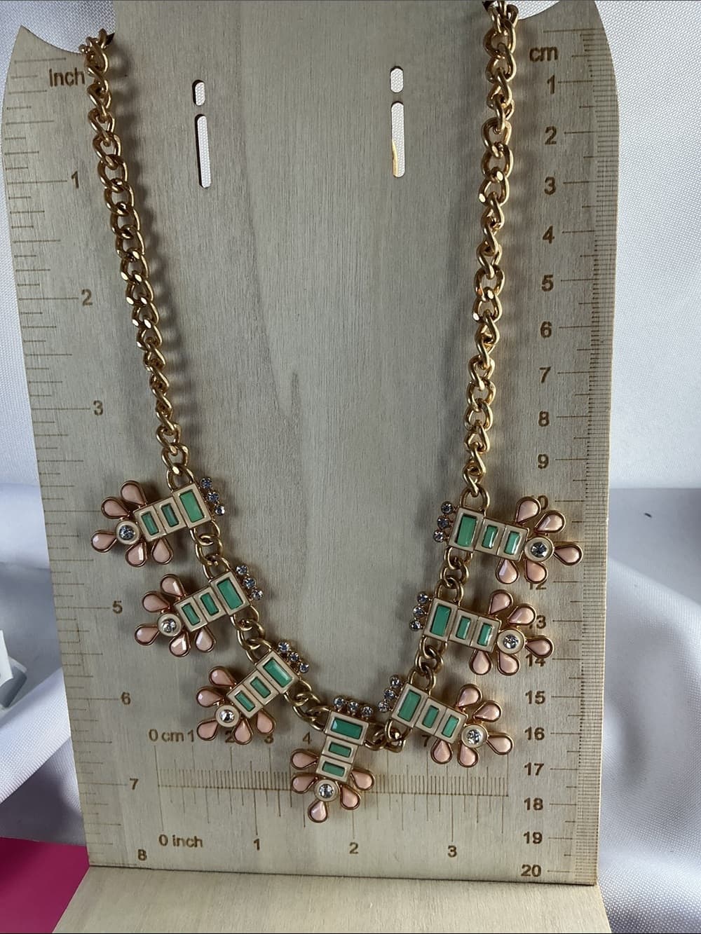 ★ Gold Tone Floral Mint Enamel Statement Necklace Rhinestone - Thumbnail 3