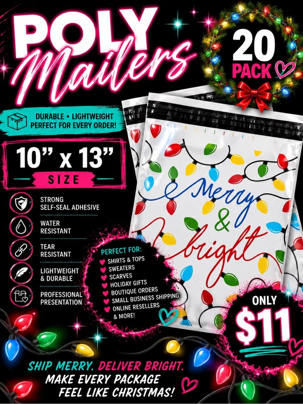 ★ Merry & Bright Christmas Poly Mailers 10x13 20 Pack Holiday Shipping